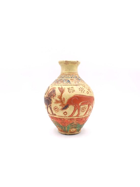 Unknown Other - Animal Motif Pottery Jug Vase Geo Signed Rustic Decor 6" H Small Chip Red Clay